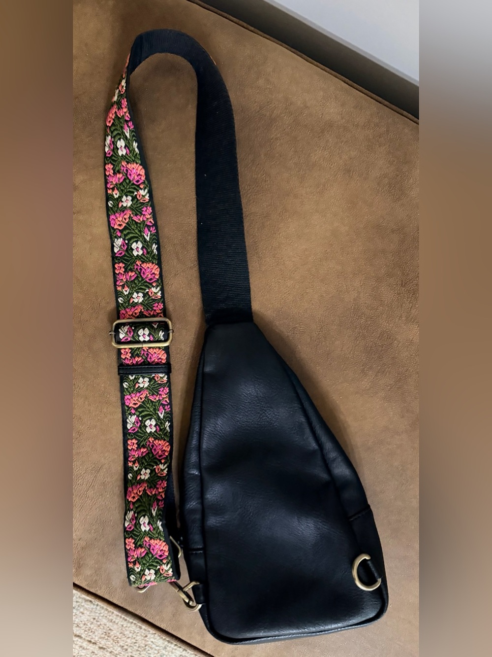Black Leather Crossbody Sling Bag with Floral Guitar Strap